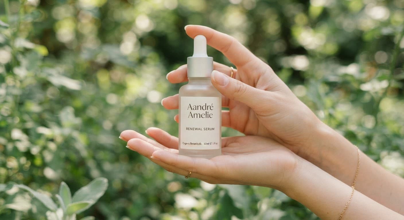 A hand gently touching a frosted glass bottle