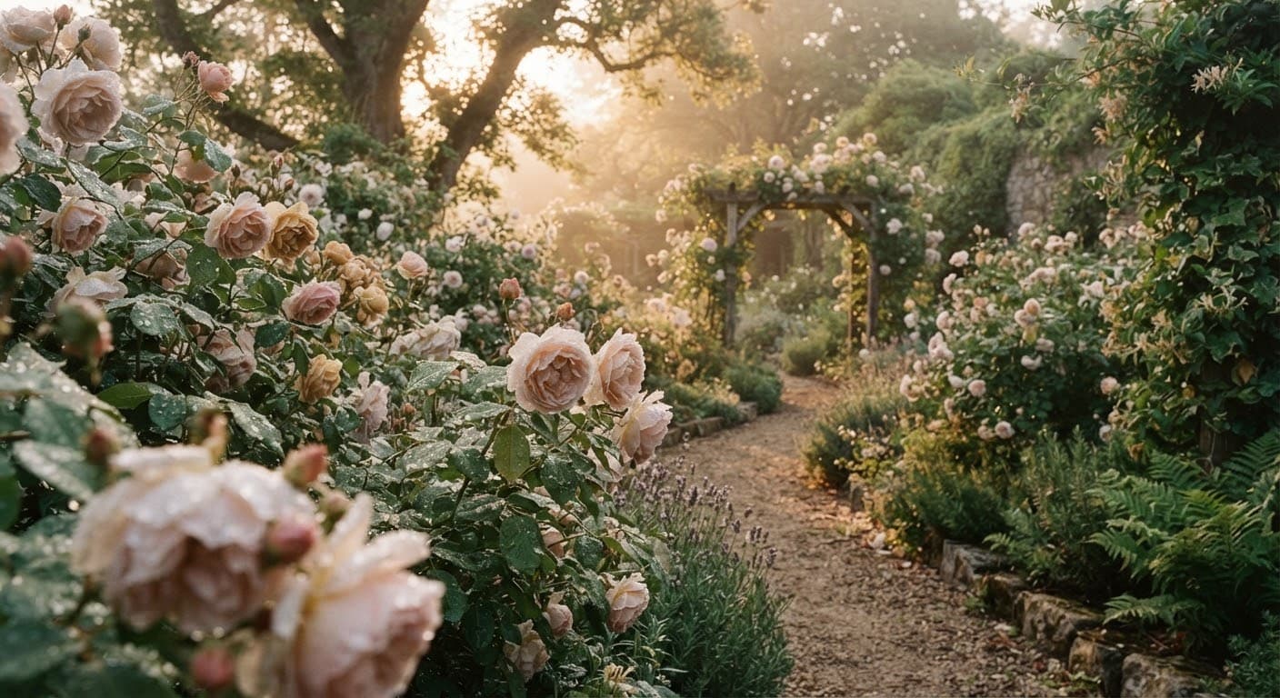 Botanical rose garden at dawn